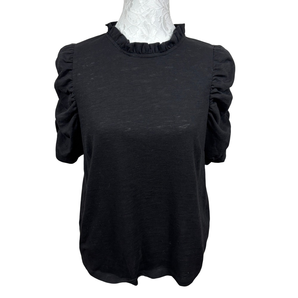 Moon River Black Ruffle Neck Puff Short Sleeve Mock Neck Knit Blouse Top Women M